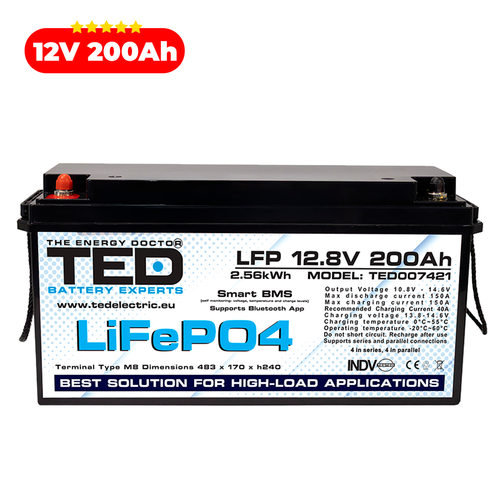 Baterie LiFePO4 12V 200Ah - Acumulator BMS, Bluetooth TED Electric TED007421