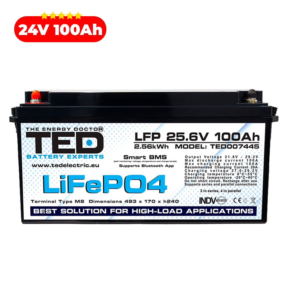 Baterie LiFePO4 24V 100Ah - Acumulator BMS, Bluetooth TED Electric TED007445